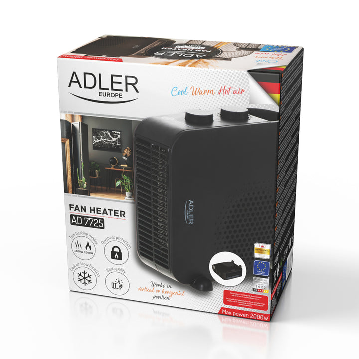 Radiateur soufflant Adler, 2 niveaux de puissance, max 2000W, thermostat, noir, AD 7725