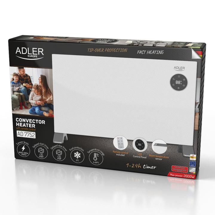 Radiateur convecteur Adler, affichage LED, télécommande, 3 niveaux de chauffage, thermostat, max 2000W, AD 7752