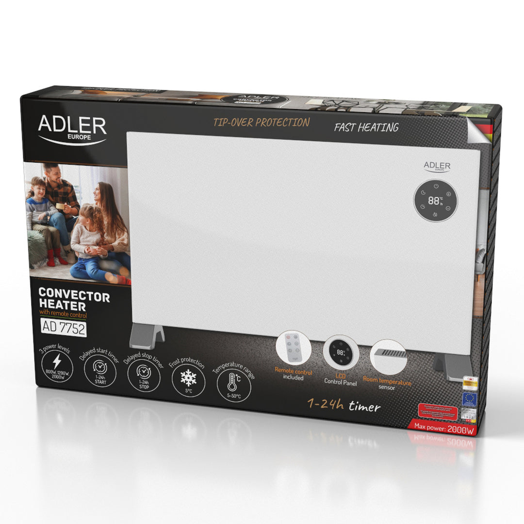 Radiateur convecteur Adler, affichage LED, télécommande, 3 niveaux de chauffage, thermostat, max 2000W, AD 7752