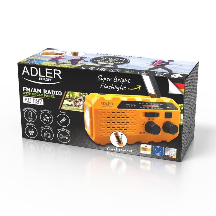 Radio solaire Adler, batterie rechargeable de 1200 mAh, torche, manivelle, AD 1197