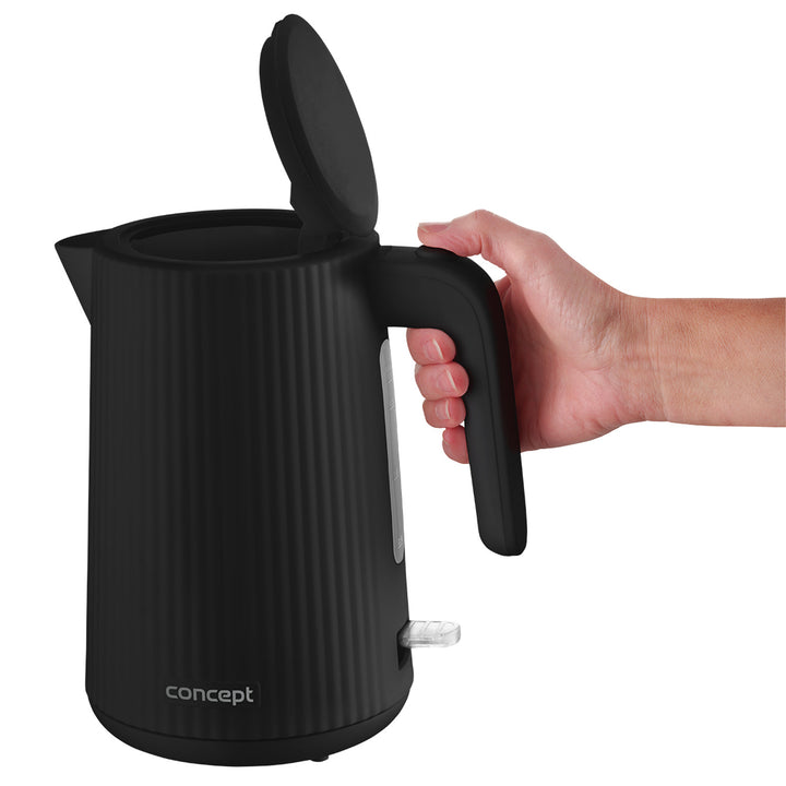 Bouilloire électrique Concept en plastique, 1,7L, design cannelé, triple système de sécurité, filtre à sédiments, indicateur de niveau d'eau, noir, RK2391
