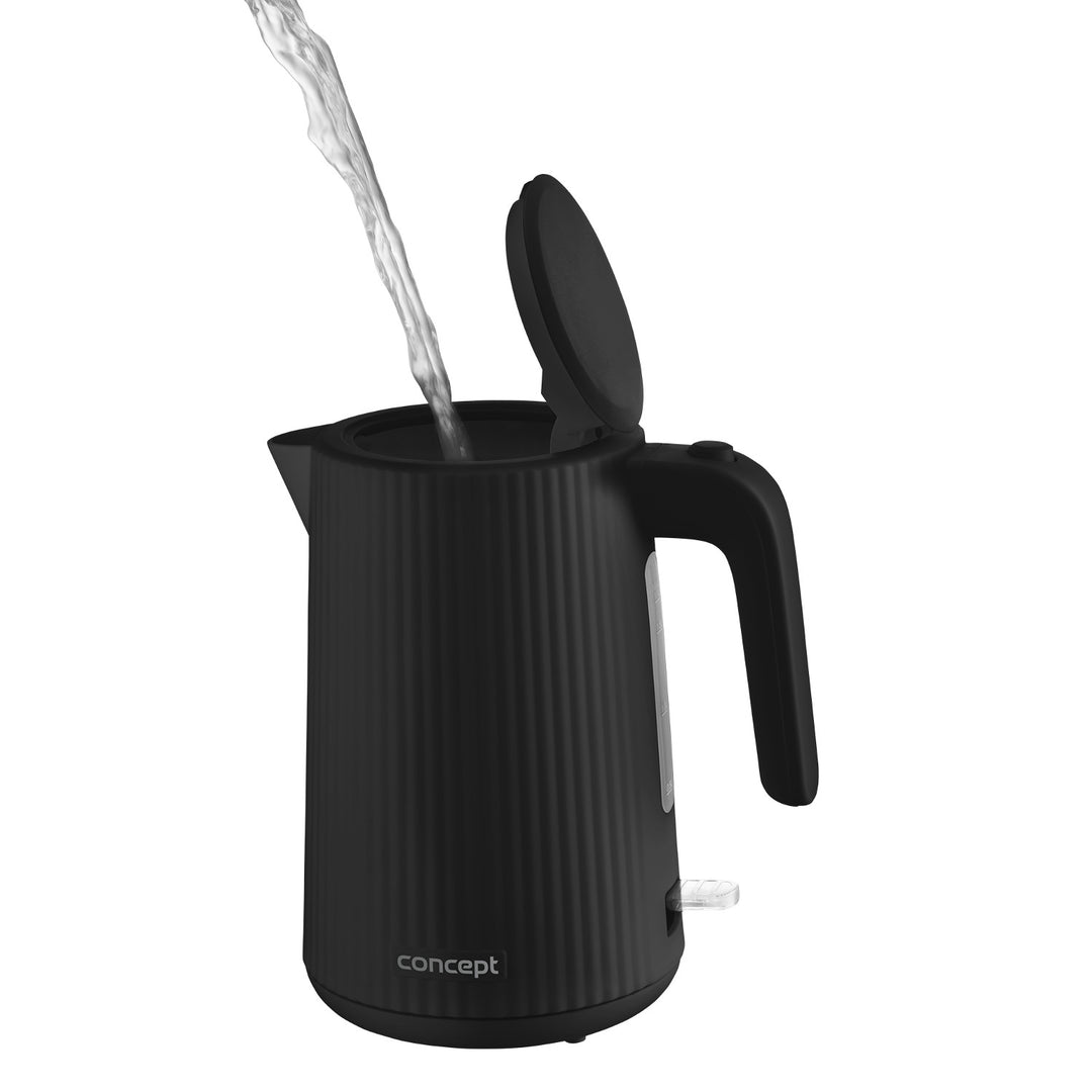 Bouilloire électrique Concept en plastique, 1,7L, design cannelé, triple système de sécurité, filtre à sédiments, indicateur de niveau d'eau, noir, RK2391