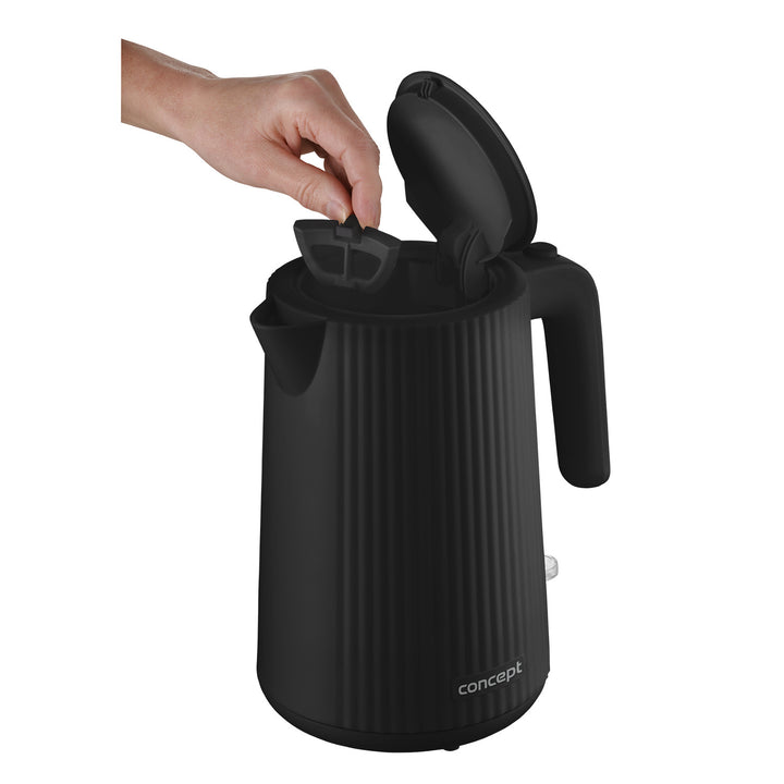 Bouilloire électrique Concept en plastique, 1,7L, design cannelé, triple système de sécurité, filtre à sédiments, indicateur de niveau d'eau, noir, RK2391