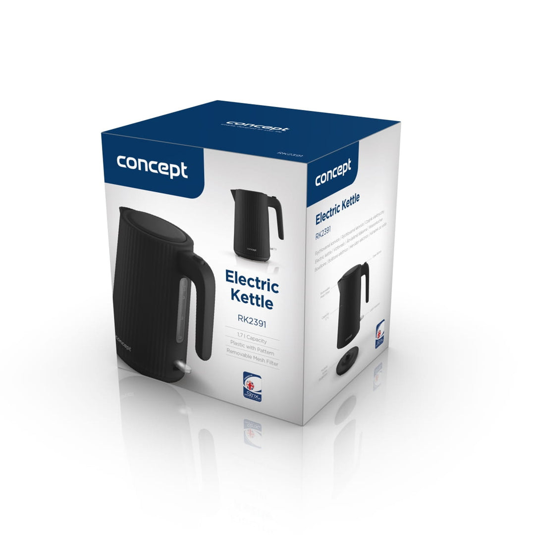 Bouilloire électrique Concept en plastique, 1,7L, design cannelé, triple système de sécurité, filtre à sédiments, indicateur de niveau d'eau, noir, RK2391