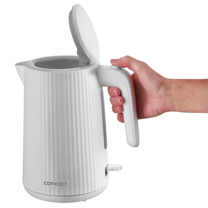 Bouilloire électrique Concept en plastique, 1,7L, design cannelé, triple système de sécurité, filtre à sédiments, indicateur de niveau d'eau, blanc, RK2390