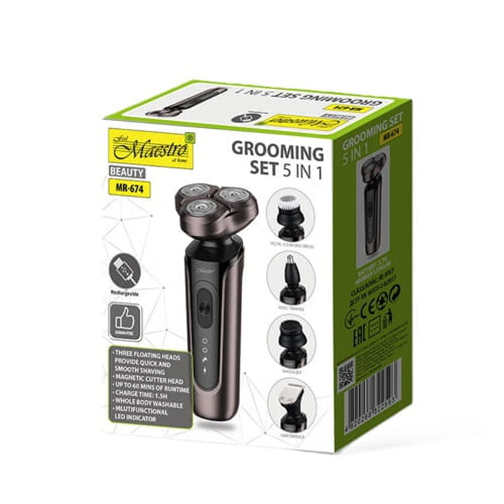 Kit de rasage 5 en 1 Maestro, rasoir, tondeuse pour le nez, brosse de nettoyage pour le visage, embout de massage, tondeuse pour les cheveux, boîtier étanche, jusqu'à 60 minutes d'autonomie, MR-674