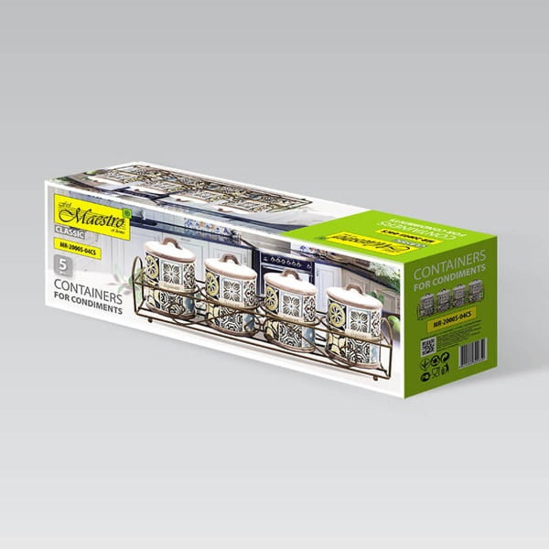 Holiday in Porto Set de récipients en céramique Maestro, 5 pièces, capacité de 200 ml, idéal pour les épices, avec support en métal, MR-20005-04CS