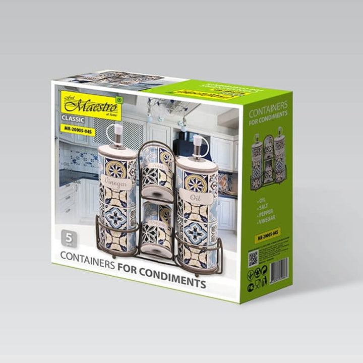 Holiday in Porto Set d'épices en céramique Maestro, 5 éléments, capacité 2x100ml et 2x300ml, avec support en métal, MR-20005-04S