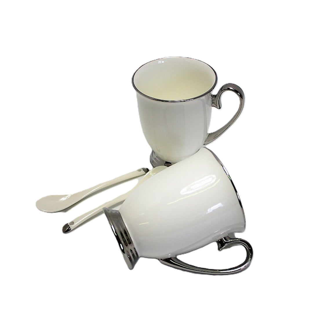 Mugs blancs 2pc Poignées chromées, cuillères à café, Porcelaine, Elégant, Reine Isabel