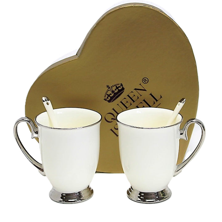 Mugs blancs 2pc Poignées chromées, cuillères à café, Porcelaine, Elégant, Reine Isabel