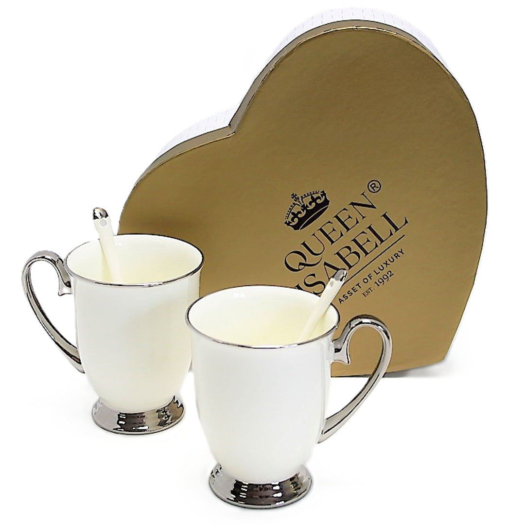 Mugs blancs 2pc Poignées chromées, cuillères à café, Porcelaine, Elégant, Reine Isabel