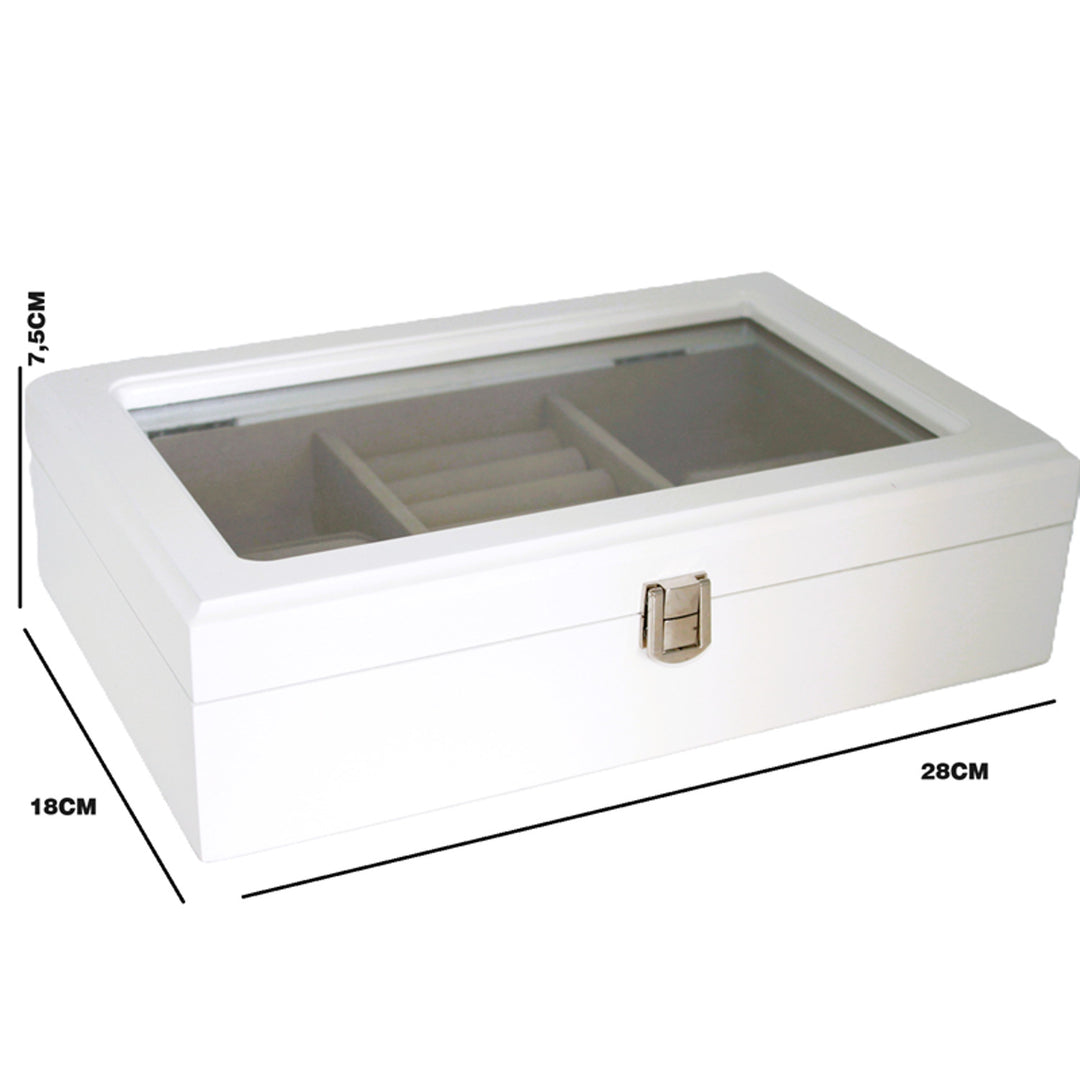 Boîte à bijoux, en bois, blanche, organisateur, compartiments, couvercle en verre, Reine Isabel