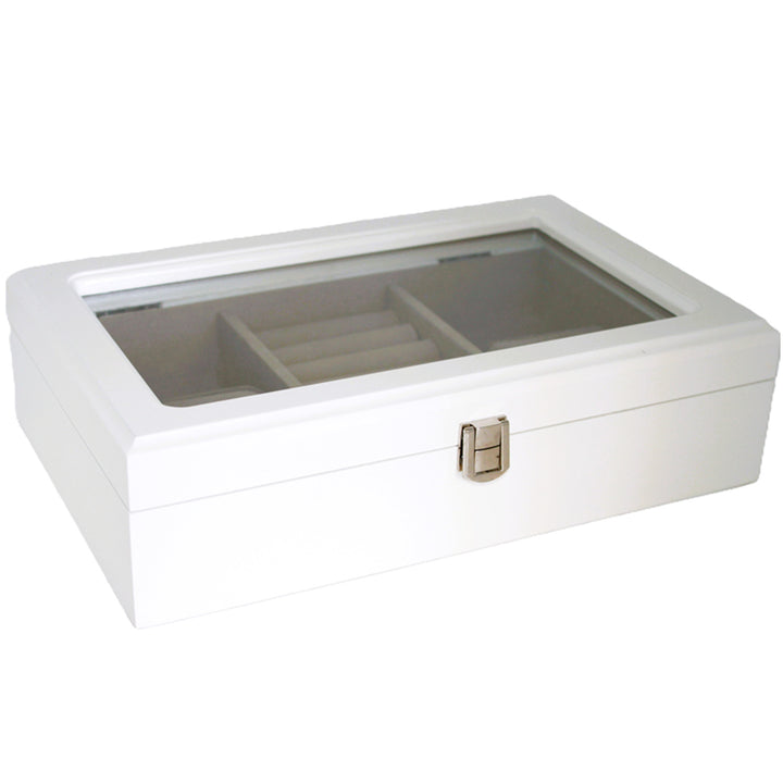 Boîte à bijoux, en bois, blanche, organisateur, compartiments, couvercle en verre, Reine Isabel