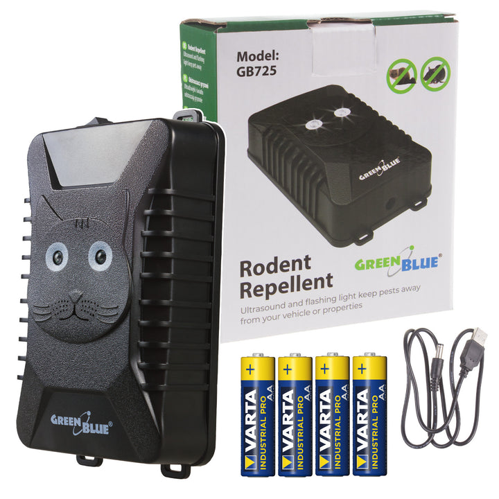 GreenBlue GB725 dissuade les rongeurs et les martres par ultrasons et LED + 4 piles AA Varta Industrial