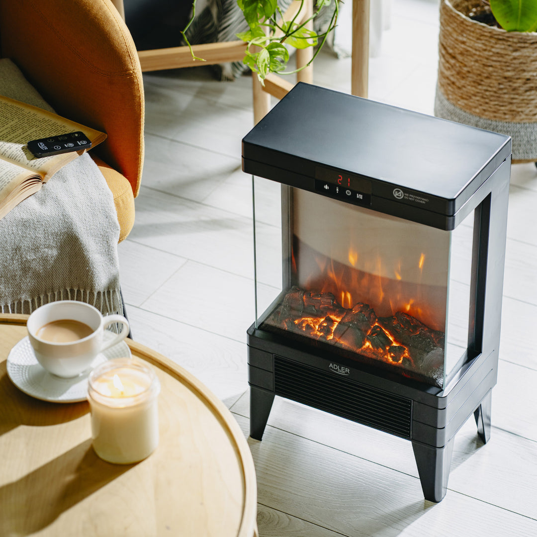 Cheminée électrique LED avec télécommande, 2 puissances de chauffe 1000W/2000W, thermostat, Adler AD 7755