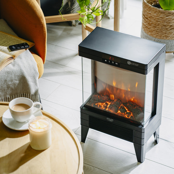 Cheminée électrique LED avec télécommande, 2 puissances de chauffe 1000W/2000W, thermostat, Adler AD 7755