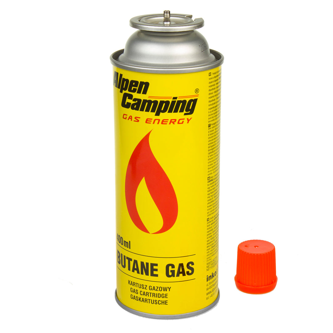 Cartouche de gaz 400ml Alpen Camping. Certificat : Pi 0875, conforme à EN417, isobutane, plage de fonctionnement -10°C à + 40°C, IK004, 3 pièces.