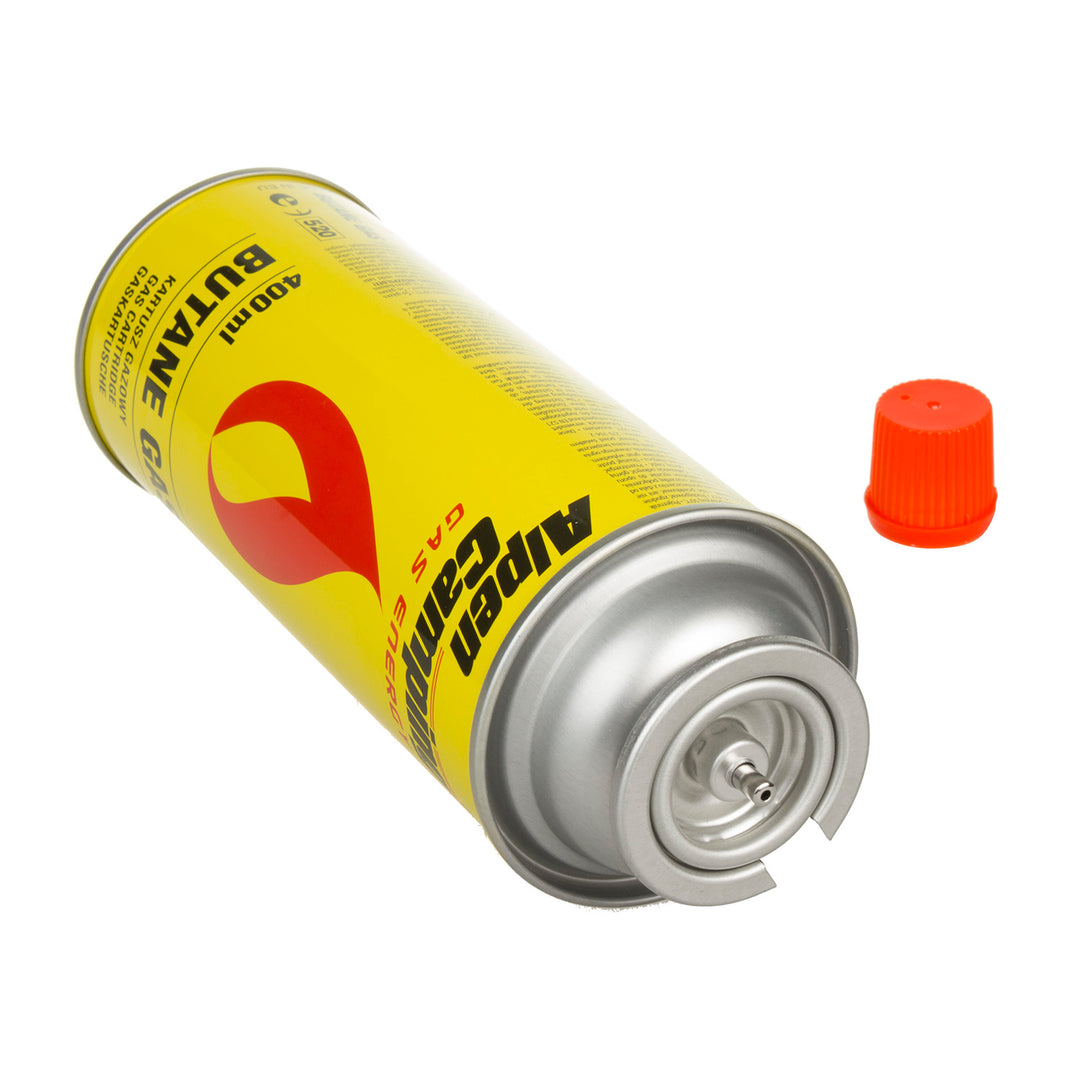 Cartouche de gaz 400ml Alpen Camping. Certificat : Pi 0875, conforme à EN417, isobutane, plage de fonctionnement -10°C à + 40°C, IK004, 3 pièces.