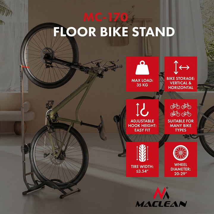 Support à vélos au sol Maclean, autonome, horizontal / vertical, pour le rangement, en acier, charge maximale 35 kg, MC-170