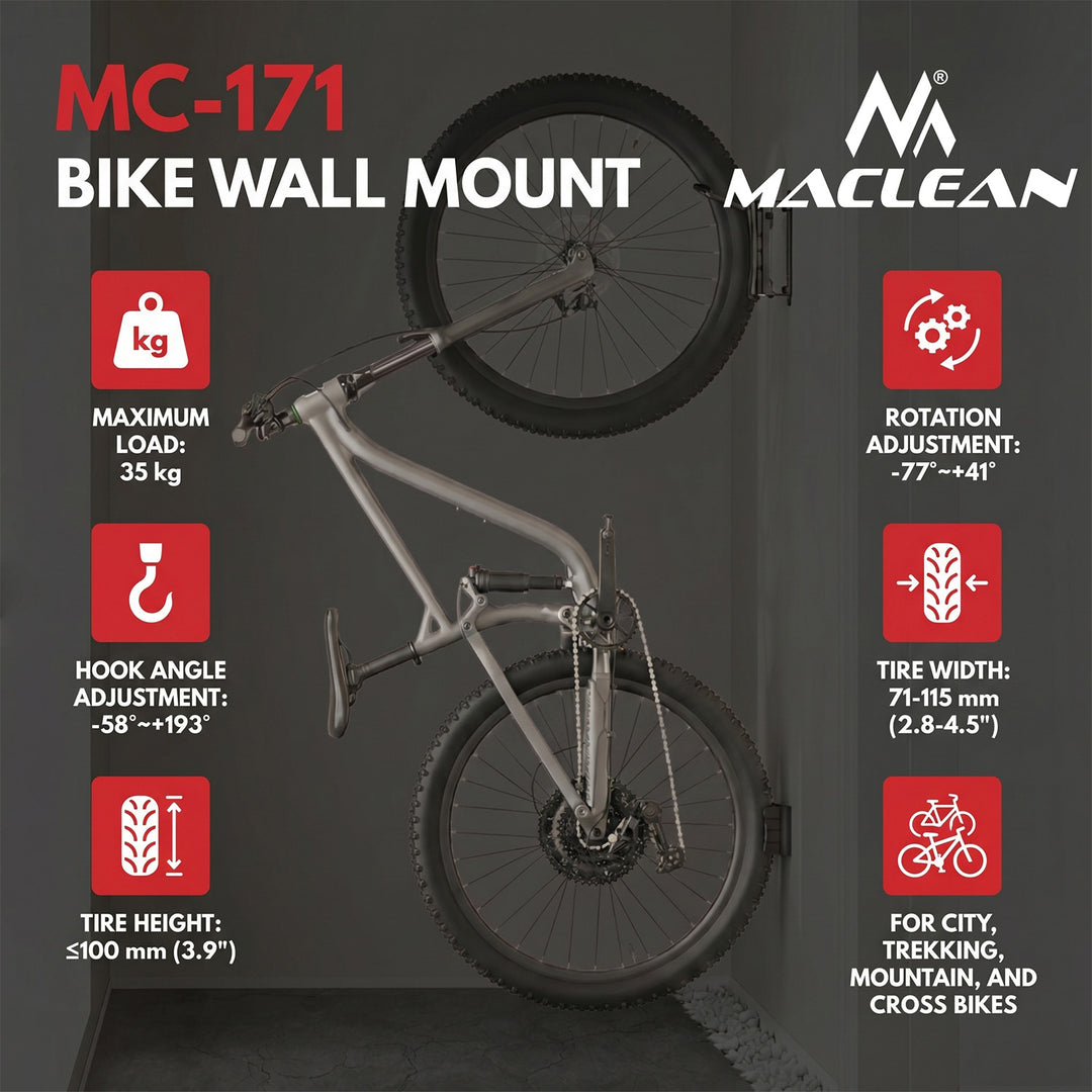 Support mural pour vélo Maclean, charge maximale de 35 kg, angle d'inclinaison réglable, acier, MC-171