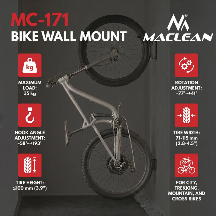 Support mural pour vélo Maclean, charge maximale de 35 kg, angle d'inclinaison réglable, acier, MC-171