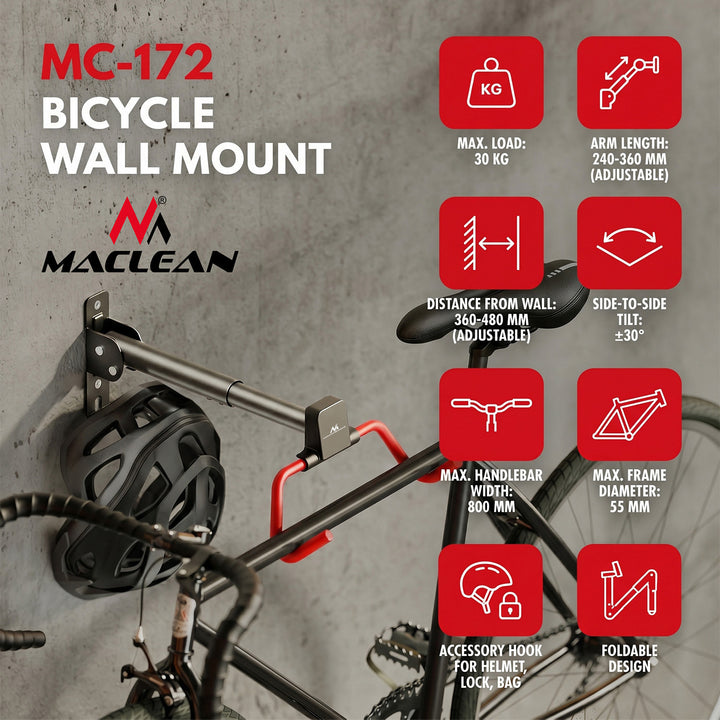 Support mural pour vélos Maclean, horizontal, en acier, charge maximale 30 kg, angle réglable, MC-172