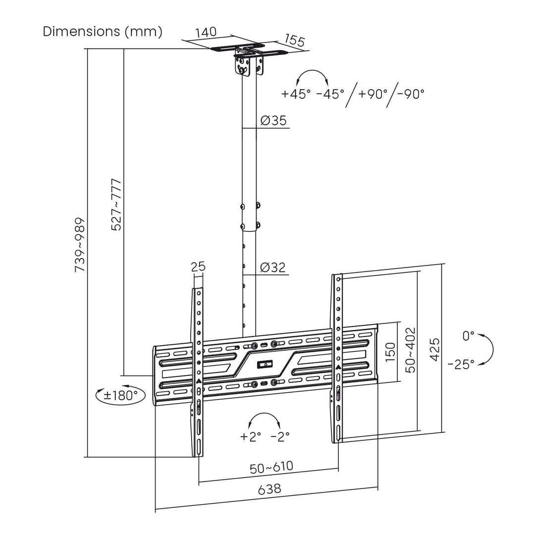 Support / fixation au plafond pour téléviseur Maclean, charge maximale 50 kg, 37-86", VESA max. 600x400, MC-173
