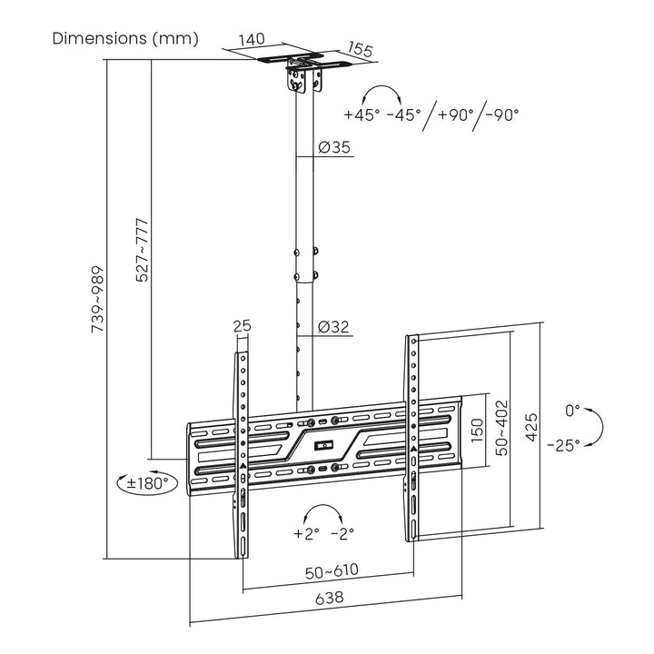 Support / fixation au plafond pour téléviseur Maclean, charge maximale 50 kg, 37-86", VESA max. 600x400, MC-173