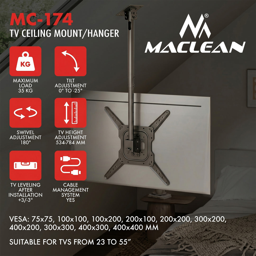 Support / fixation au plafond pour téléviseur Maclean, charge maximale 35 kg, 23-55", VESA max. 400x400, MC-174