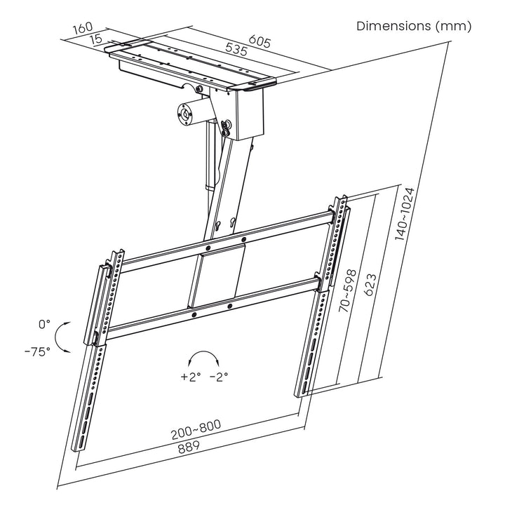 Support électrique pour téléviseur Maclean, à fixation au plafond, compatible Tuya, VESA max. 800 x 400, pour téléviseurs de 43 à 86 pouces, max. 55 kg, MC-176 T