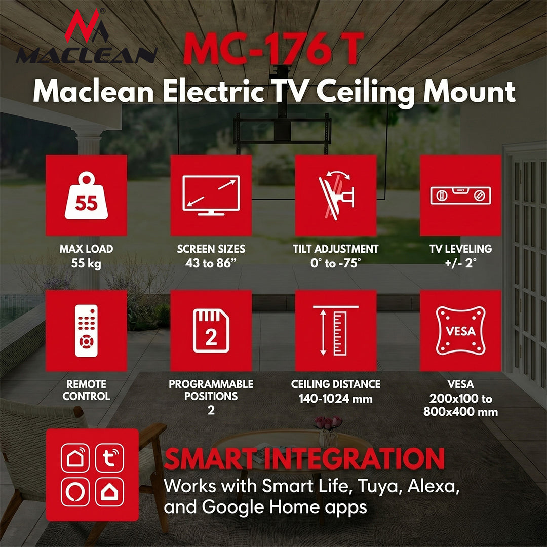 Support électrique pour téléviseur Maclean, à fixation au plafond, compatible Tuya, VESA max. 800 x 400, pour téléviseurs de 43 à 86 pouces, max. 55 kg, MC-176 T