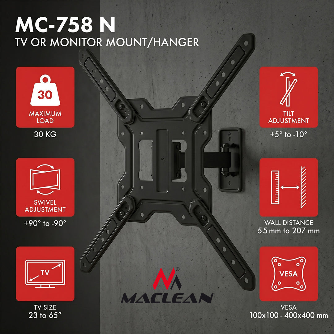 Support / fixation pour téléviseur ou écran Maclean, 23-65" max., charge max. 30 kg, universel, VESA 400x400 max., MC-758 N