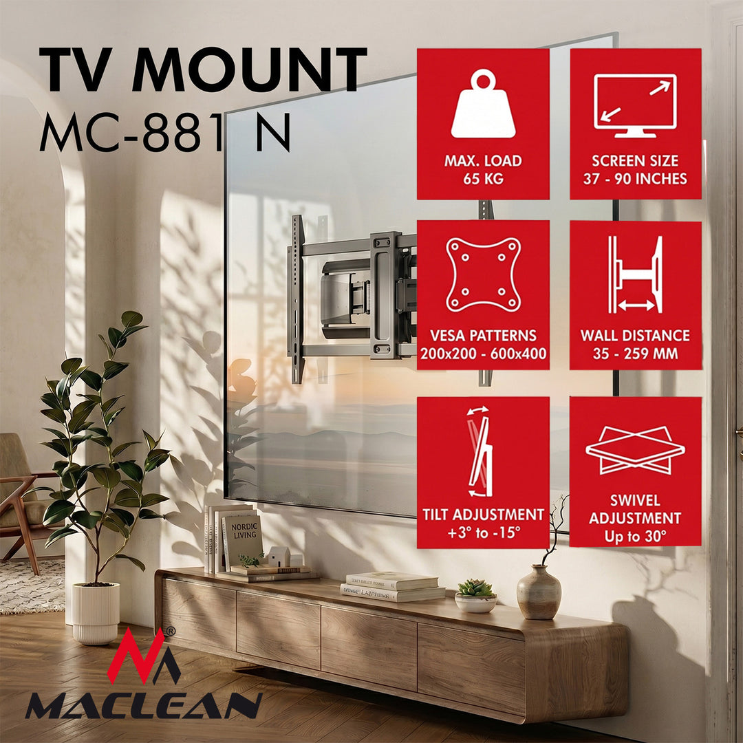 Support / fixation pour téléviseur Maclean, VESA max. 600x400, 37-90", charge max. 65 kg, noir, MC-881 N