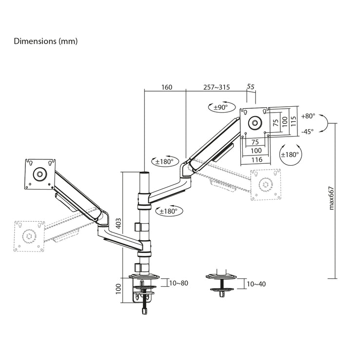 Support / fixation pour 2 écrans Ergo Office, vérin à gaz, 17"-32", 1-10 kg, noir mat, ER-692 B