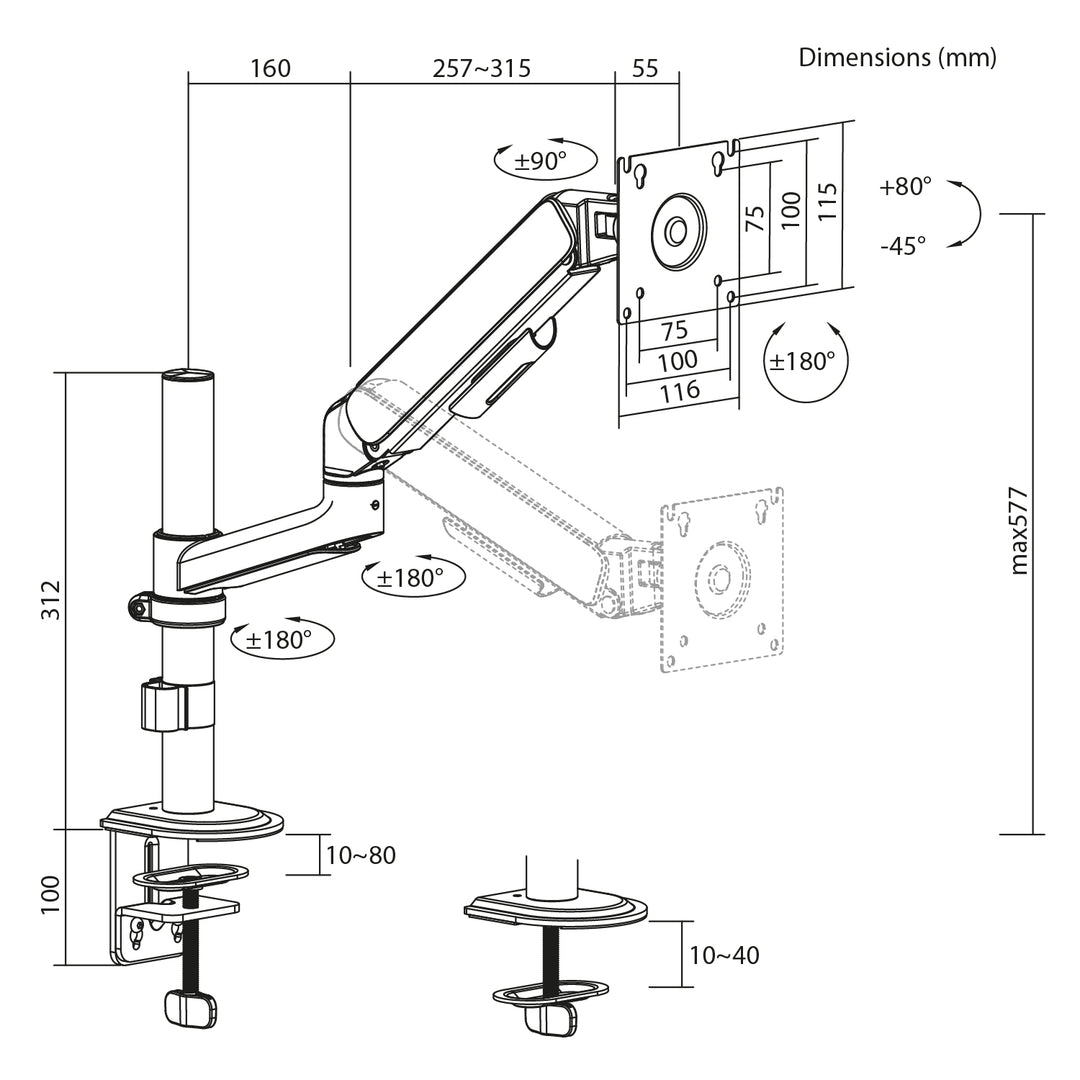 Support / fixation pour écran Ergo Office, vérin à gaz, 17"-32", 1-10 kg, noir mat, VESA max. 100x100, ER-691 B