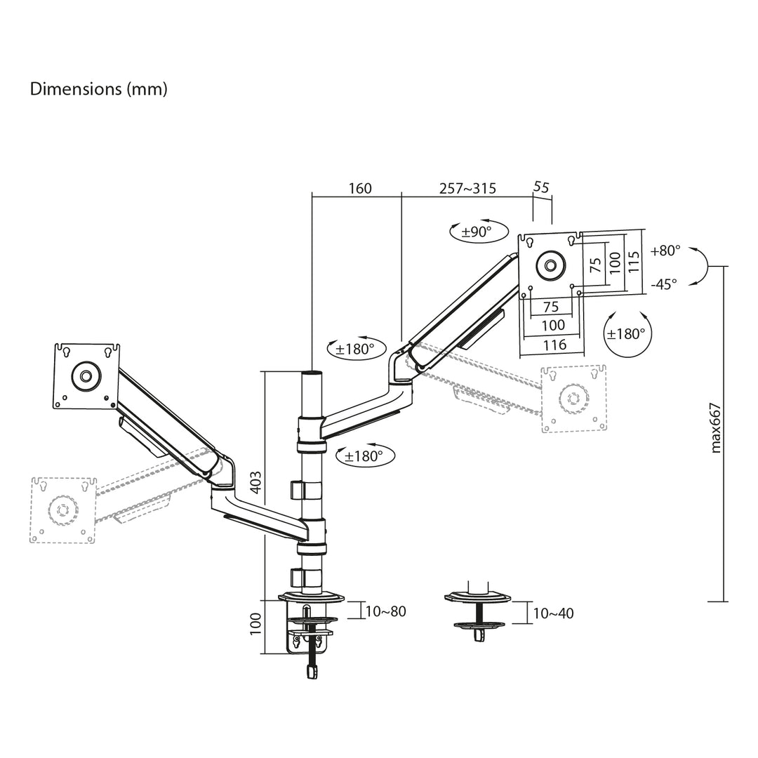 Support / fixation pour 2 écrans Ergo Office, vérin à gaz, 17"-32", 1-10 kg, blanc mat, ER-692 W