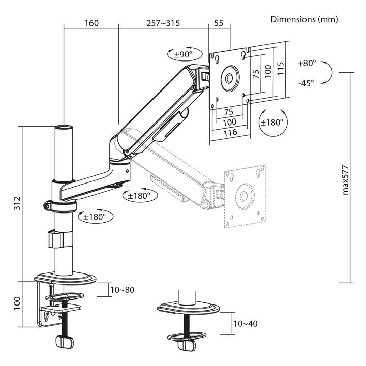 Support / fixation pour écran Ergo Office, vérin à gaz, 17"-32", 1-10 kg, blanc mat, VESA max. 100x100, ER-691 W