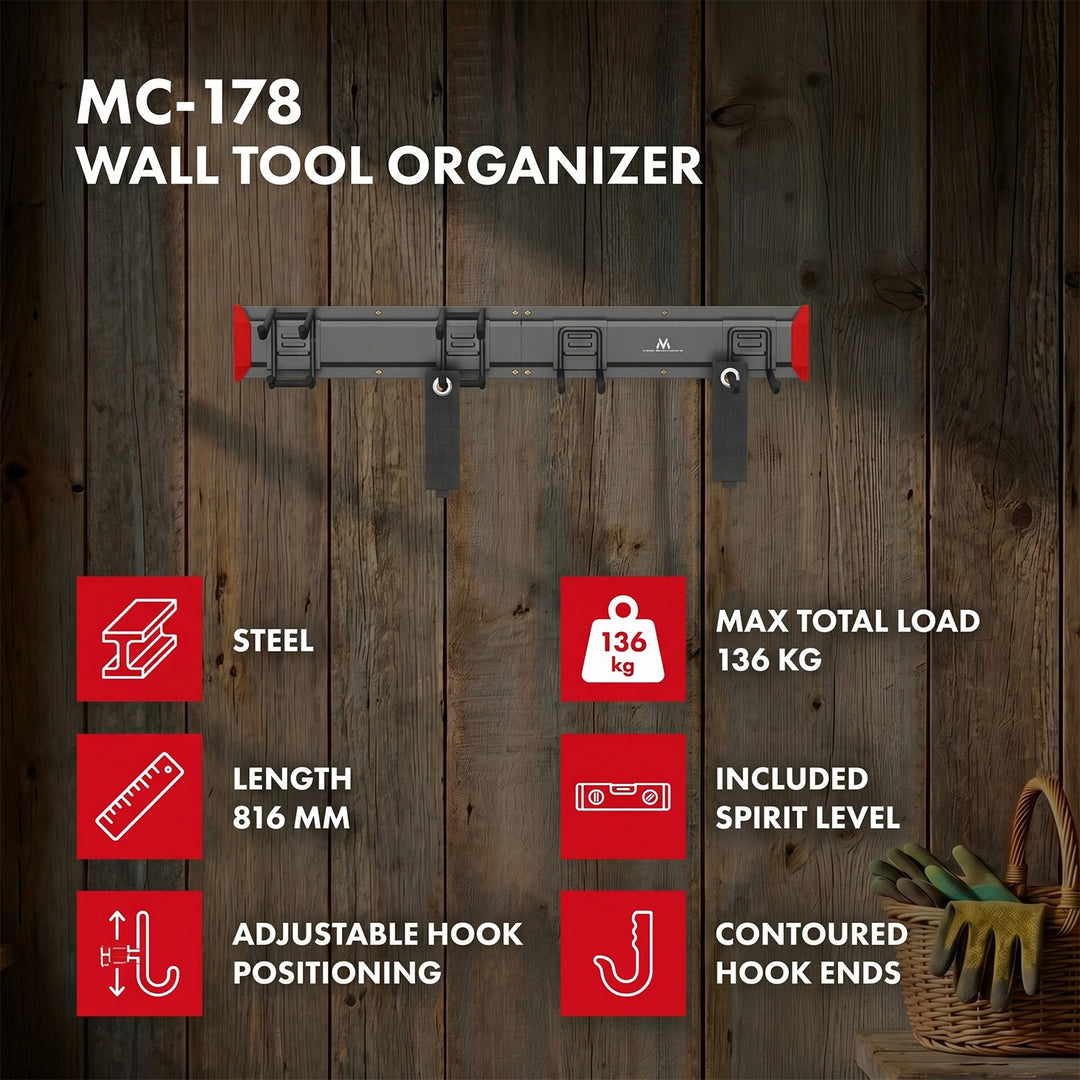 Organiseur mural pour outils Maclean, en acier, charge maximale 136 kg, largeur 816 mm, MC-178