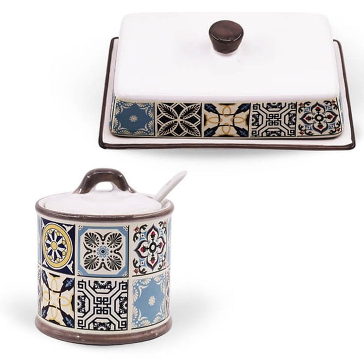 Holiday in Porto Maestro sucrier en céramique, Capacité 300ml, Set inclus - cuillère en céramique, MR-20005-09 + Holiday in Porto Maestro beurrier en céramique, MR-20005-45
