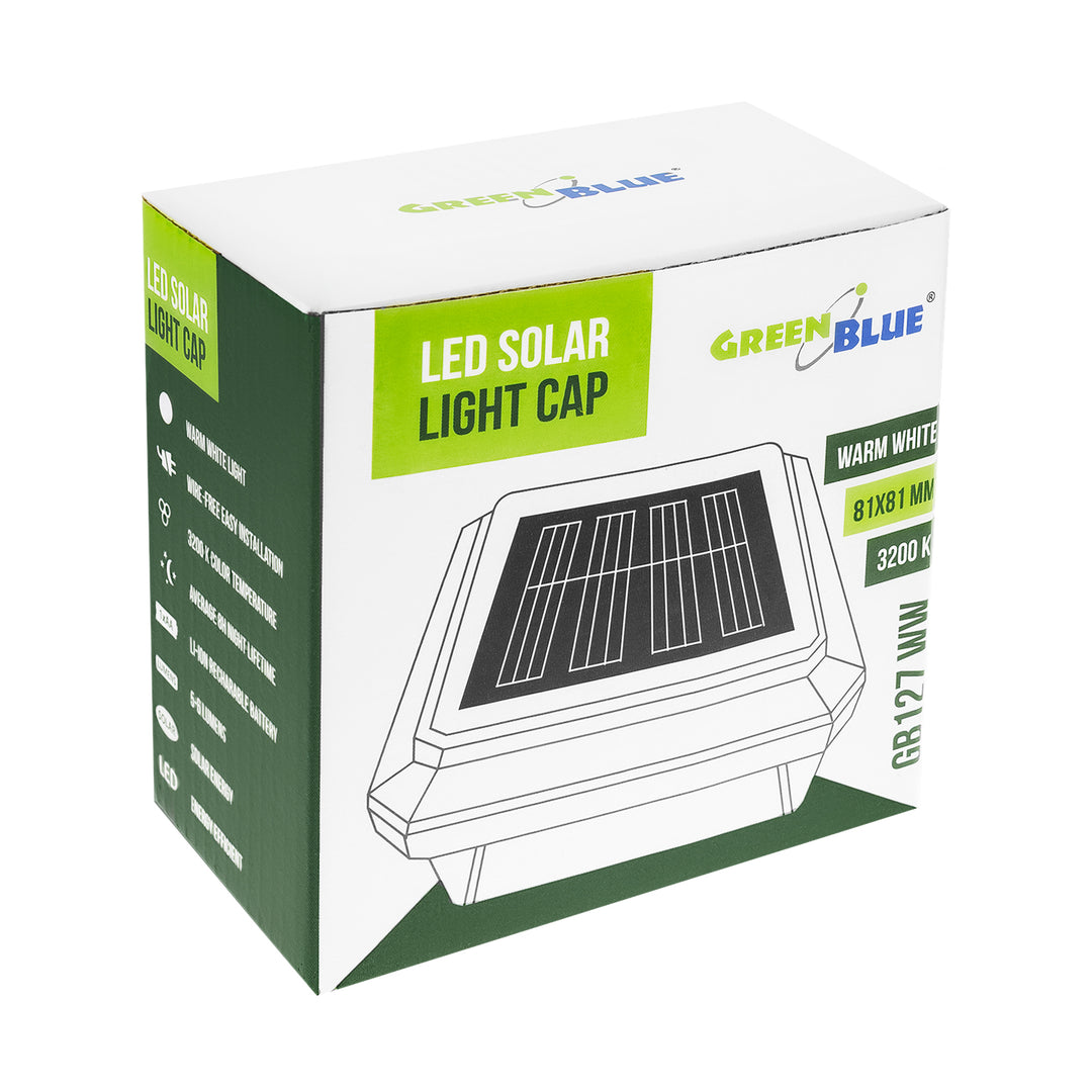 Lampe solaire LED sur poteau GreenBlue, 80 x 80 mm, capot en forme d'enveloppe, 3200 K, GB127 WW