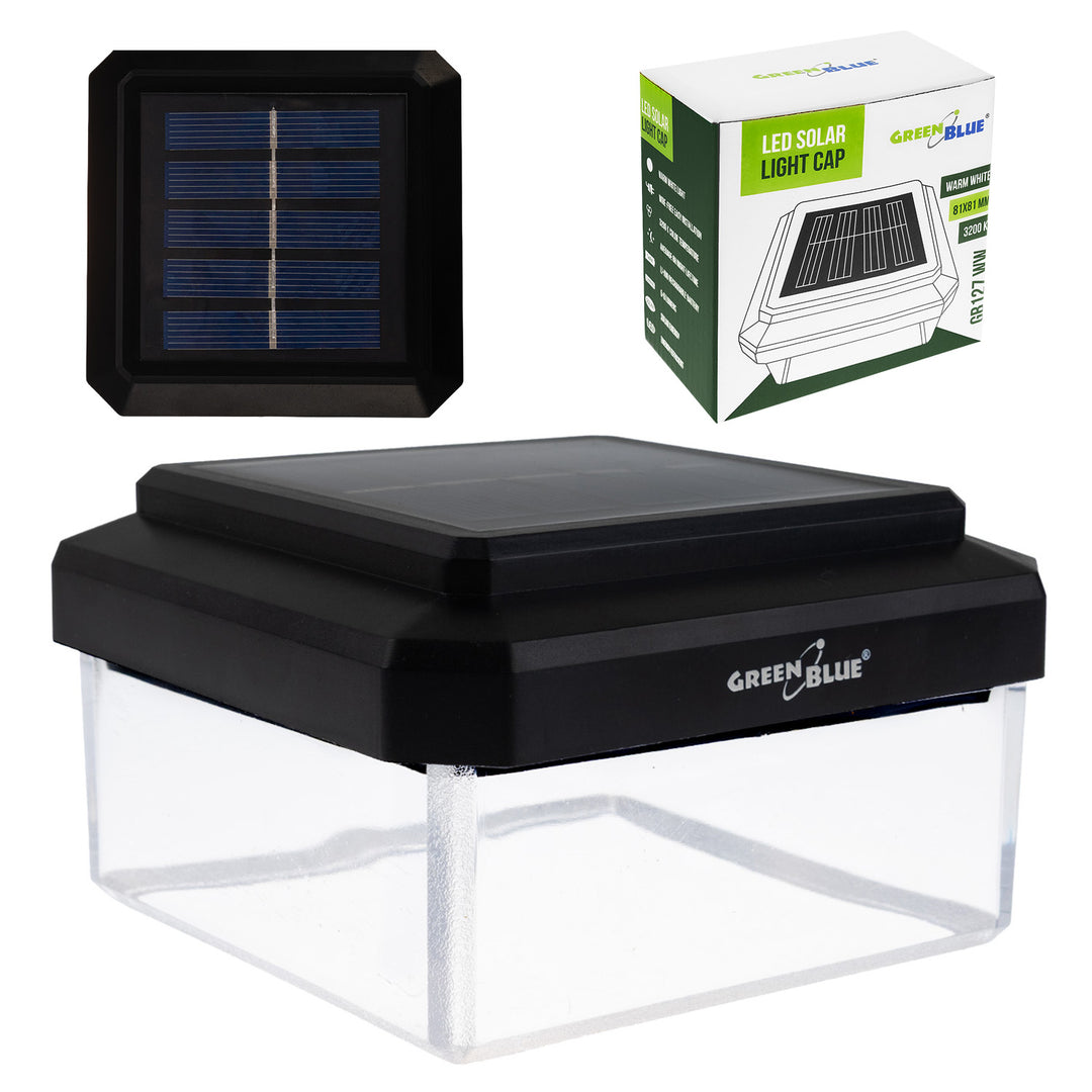 Lampe solaire LED sur poteau GreenBlue, 80 x 80 mm, capot en forme d'enveloppe, 3200 K, GB127 WW