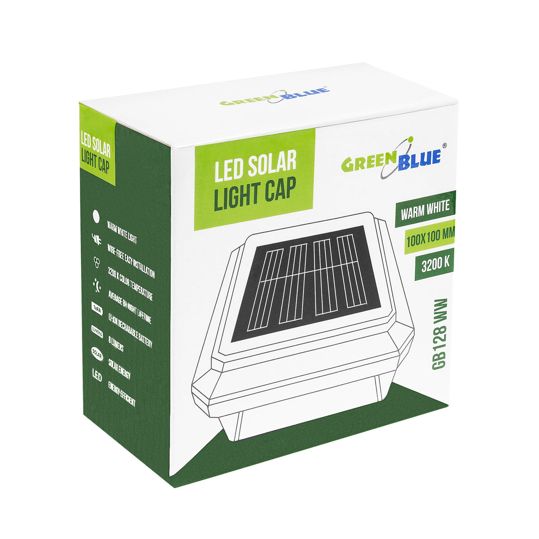 Lampe solaire LED sur poteau GreenBlue, 100 x 100 mm, capot en forme d'enveloppe, 3200 K, GB128 WW