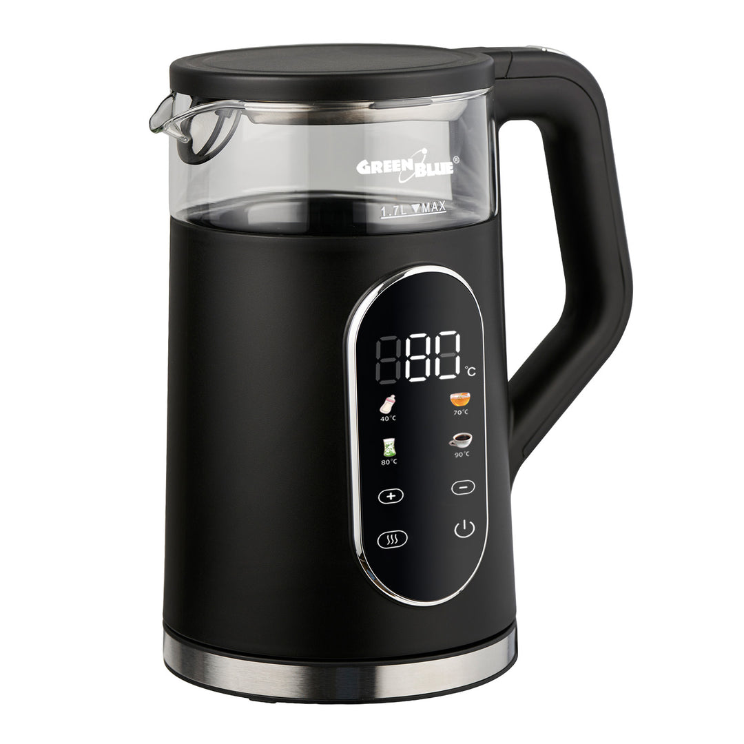 Bouilloire électrique sans fil GreenBlue, capacité 1,7 l, réservoir en verre, affichage clair, sélection de la température, 2200 W, GB670 B