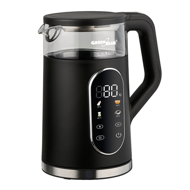 Bouilloire électrique sans fil GreenBlue, capacité 1,7 l, réservoir en verre, affichage clair, sélection de la température, 2200 W, GB670 B