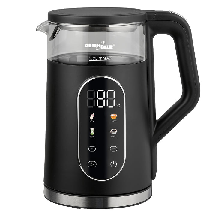 Bouilloire électrique sans fil GreenBlue, capacité 1,7 l, réservoir en verre, affichage clair, sélection de la température, 2200 W, GB670 B