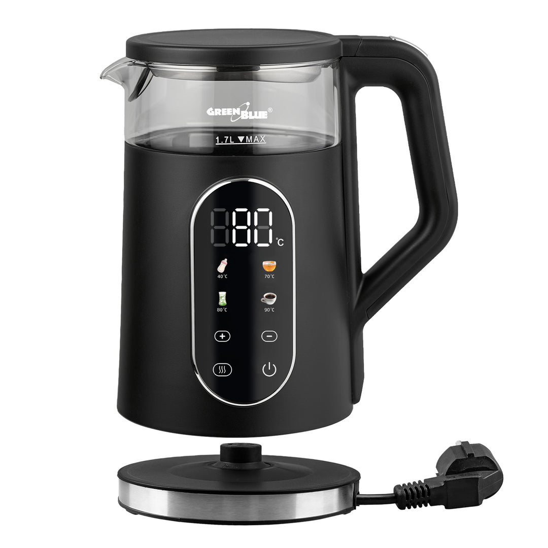 Bouilloire électrique sans fil GreenBlue, capacité 1,7 l, réservoir en verre, affichage clair, sélection de la température, 2200 W, GB670 B