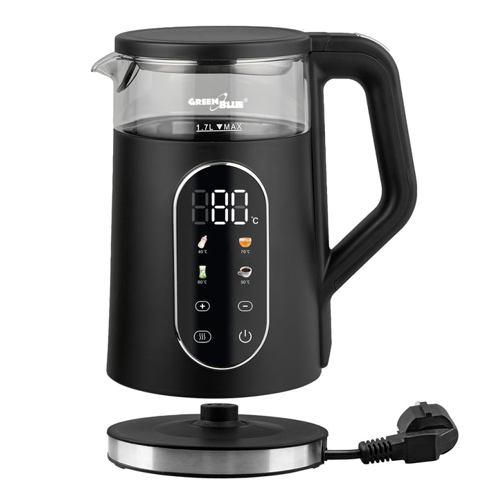 Bouilloire électrique sans fil GreenBlue, capacité 1,7 l, réservoir en verre, affichage clair, sélection de la température, 2200 W, GB670 B