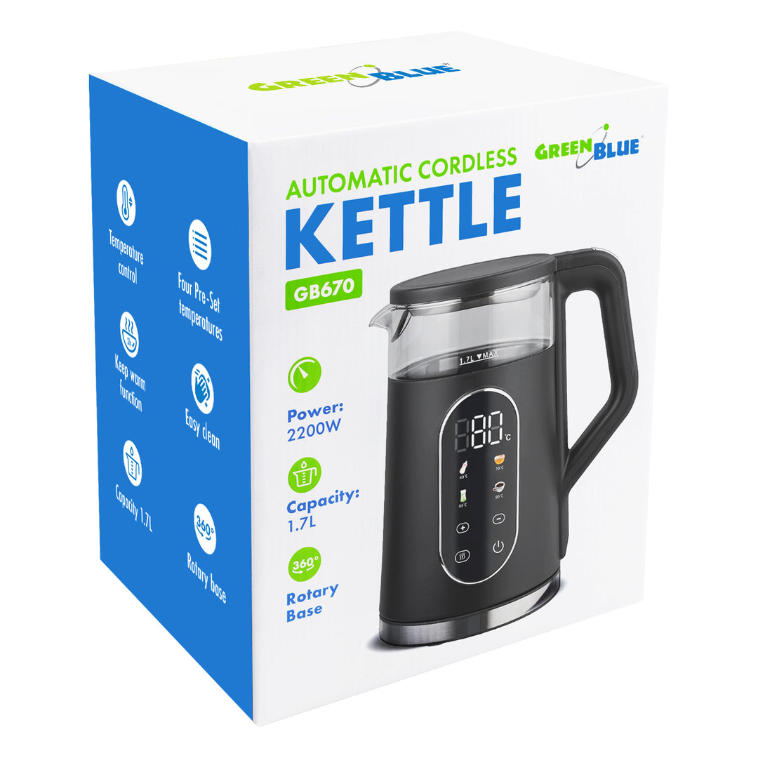 Bouilloire électrique sans fil GreenBlue, capacité 1,7 l, réservoir en verre, affichage clair, sélection de la température, 2200 W, GB670 B