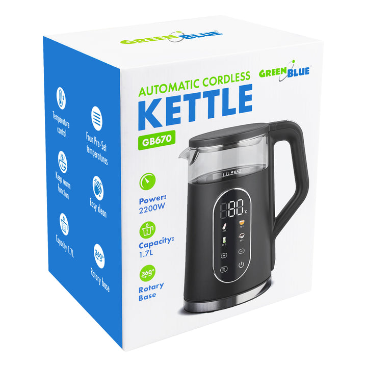 Bouilloire électrique sans fil GreenBlue, capacité 1,7 l, réservoir en verre, affichage clair, sélection de la température, 2200 W, GB670 B
