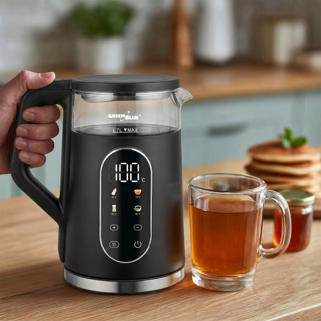 Bouilloire électrique sans fil GreenBlue, capacité 1,7 l, réservoir en verre, affichage clair, sélection de la température, 2200 W, GB670 B